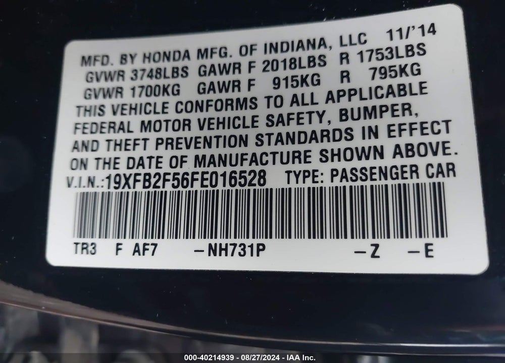 2015 HONDA CIVIC LX VIN: 19XFB2F56FE016528