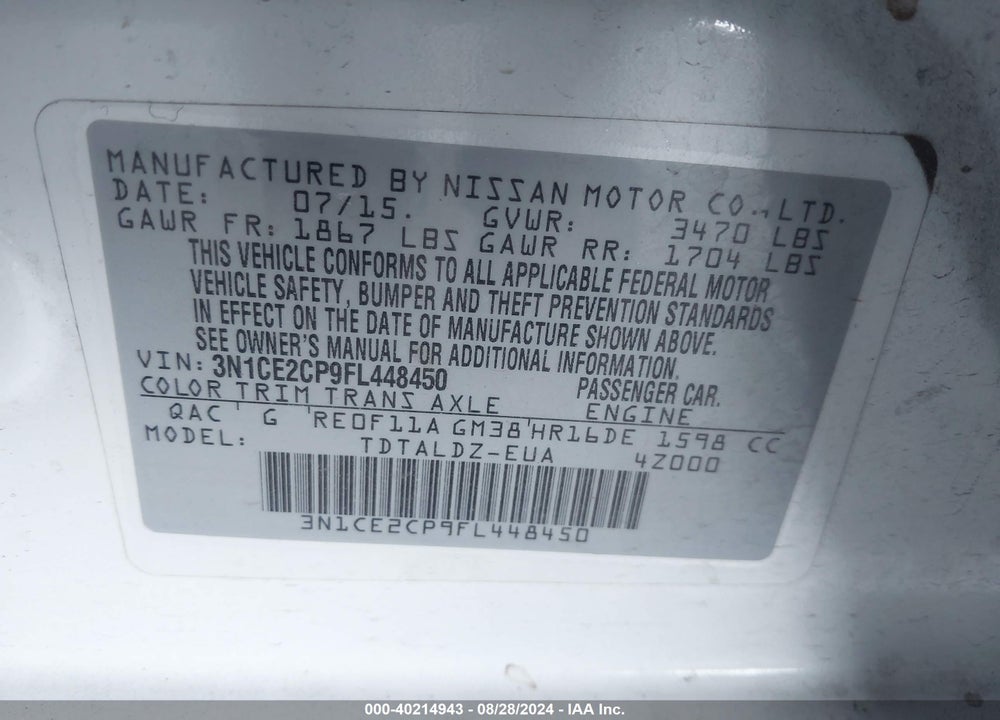 2015 NISSAN VERSA NOTE SV VIN: 3N1CE2CP9FL448450