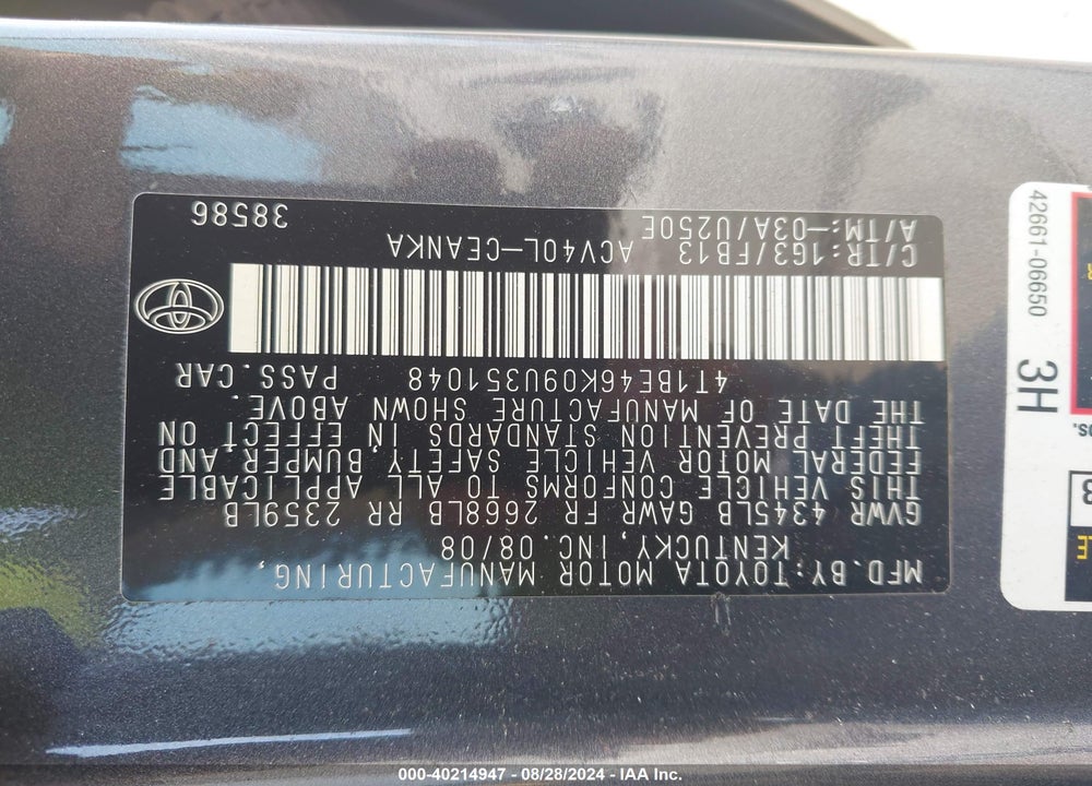 2009 TOYOTA CAMRY LE VIN: 4T1BE46K09U351048