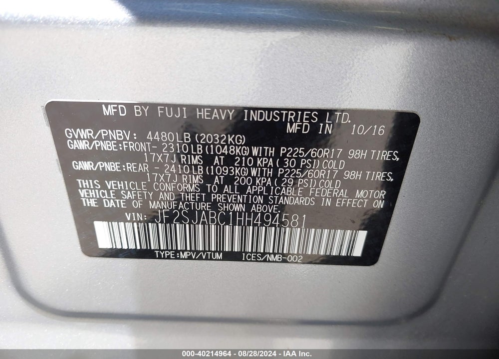 2017 SUBARU FORESTER 2.5I VIN: JF2SJABC1HH494581