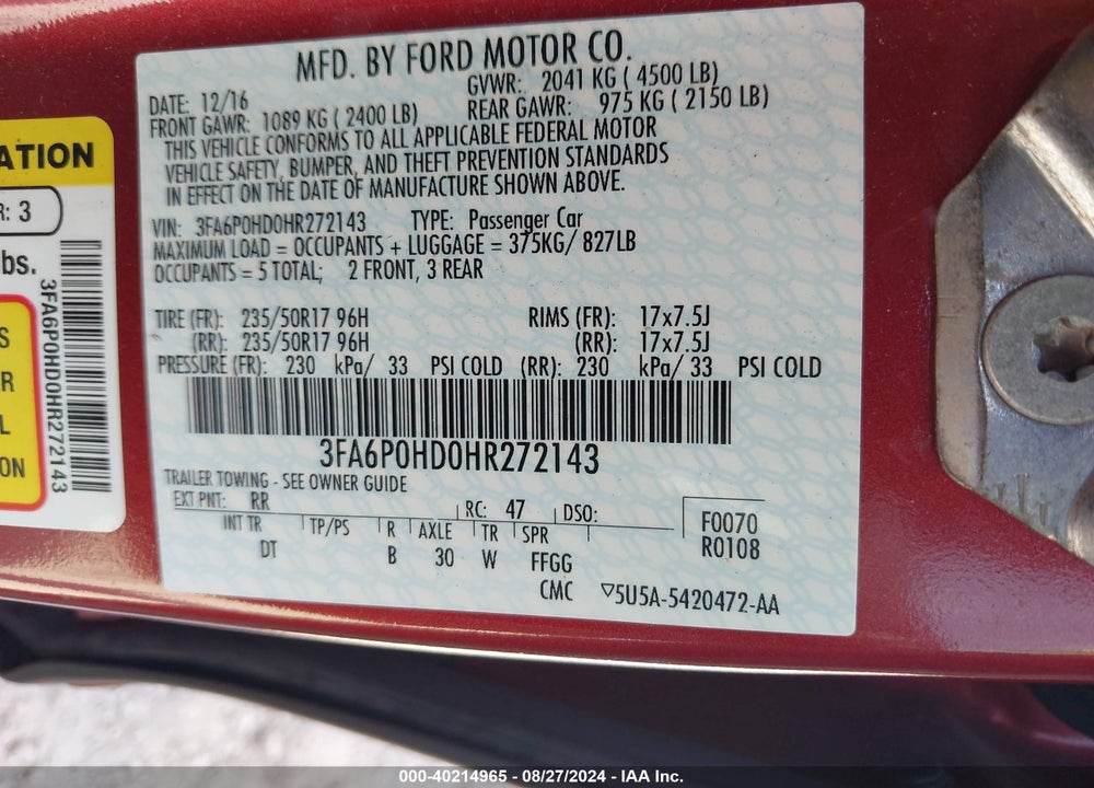 2017 FORD FUSION SE VIN: 3FA6P0HD0HR272143