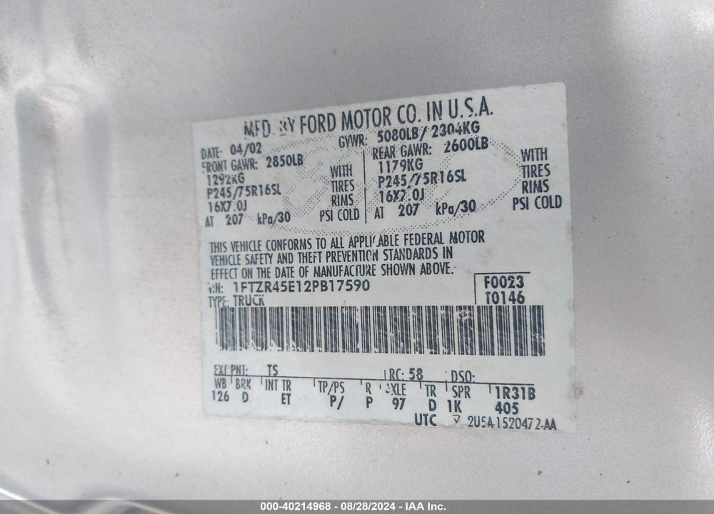 2002 FORD RANGER EDGE/XLT VIN: 1FTZR45E12PB17590