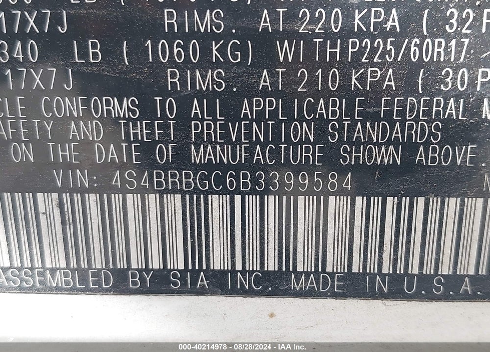 2011 SUBARU OUTBACK 2.5I PREMIUM VIN: 4S4BRBGC6B3399584