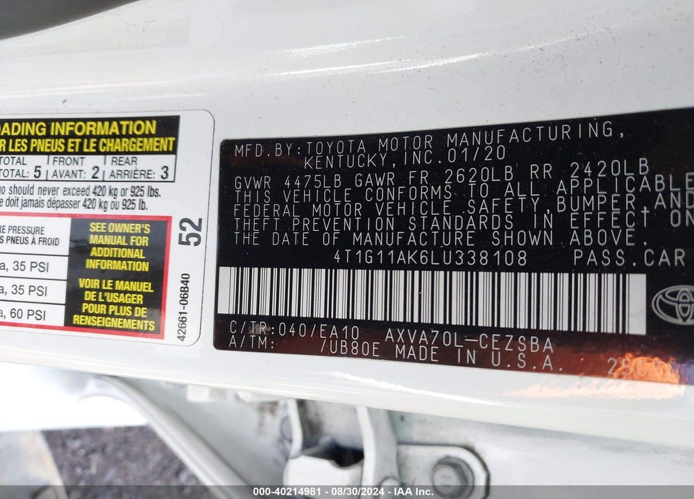2020 TOYOTA CAMRY SE VIN: 4T1G11AK6LU338108