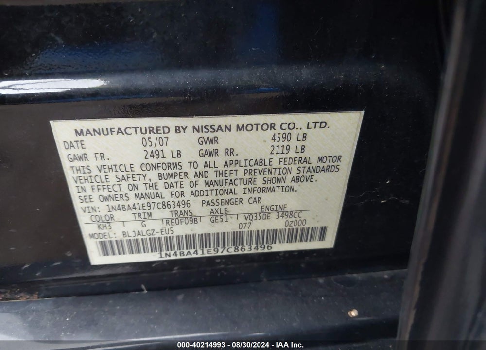 2007 NISSAN MAXIMA VIN: 1N4BA41E97C863496