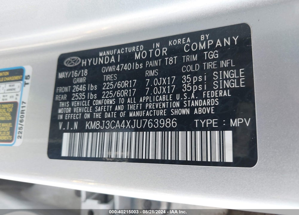 2018 HYUNDAI TUCSON SEL VIN: KM8J3CA4XJU763986