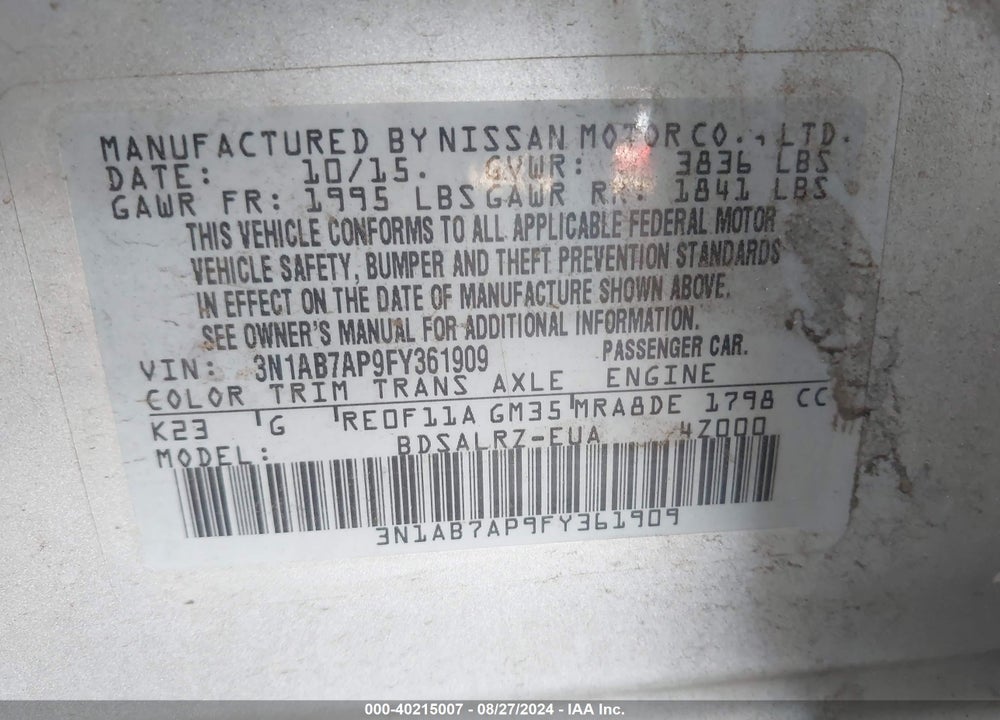 2015 NISSAN SENTRA SR VIN: 3N1AB7AP9FY361909