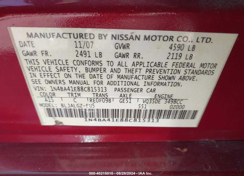2008 NISSAN MAXIMA 3.5 SL VIN: 1N4BA41E88C815313