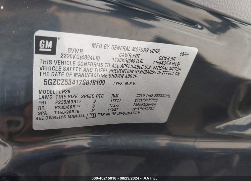 2007 SATURN VUE V6 VIN: 5GZCZ53417S818199