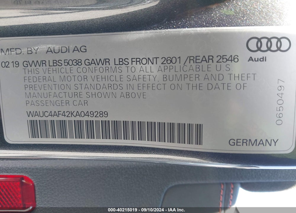 2019 AUDI S4 3.0T PREMIUM VIN: WAUC4AF42KA049289