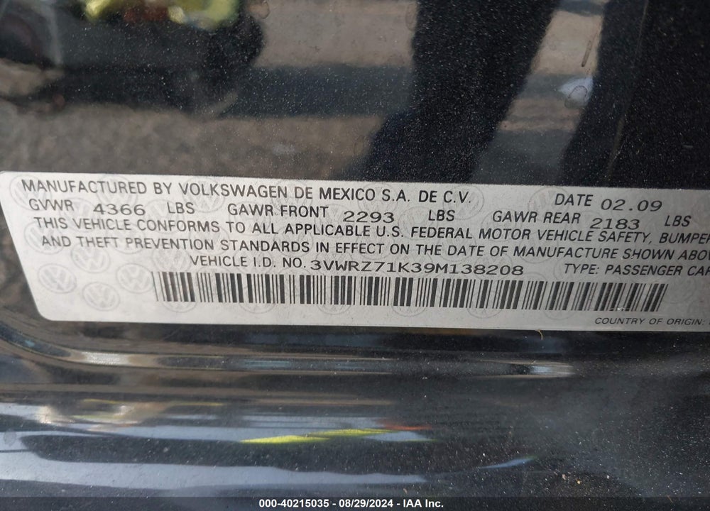 2009 VOLKSWAGEN JETTA SE VIN: 3VWRZ71K39M138208