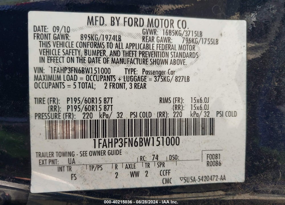 2011 FORD FOCUS SE VIN: 1FAHP3FN6BW151000