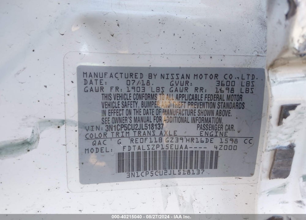 2018 NISSAN KICKS SV VIN: 3N1CP5CU2JL518137