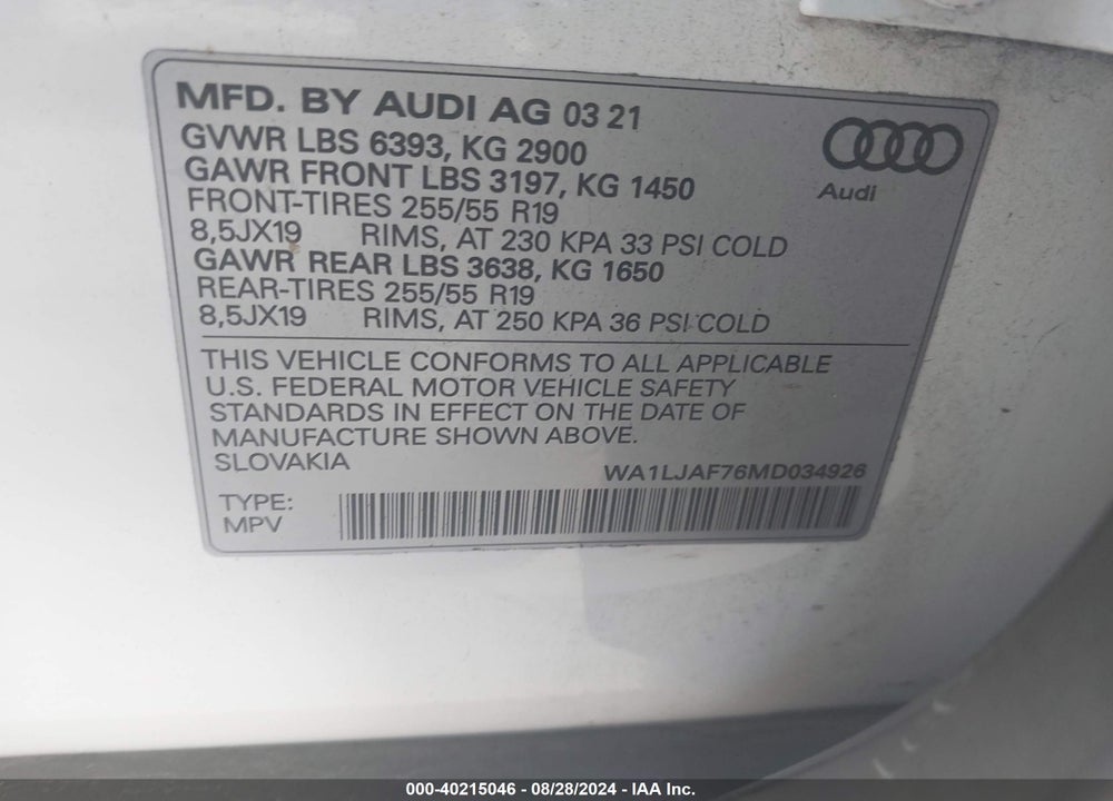 2021 AUDI Q7 PREMIUM PLUS 45 TFSI QUATTRO TIPTRONIC VIN: WA1LJAF76MD034926