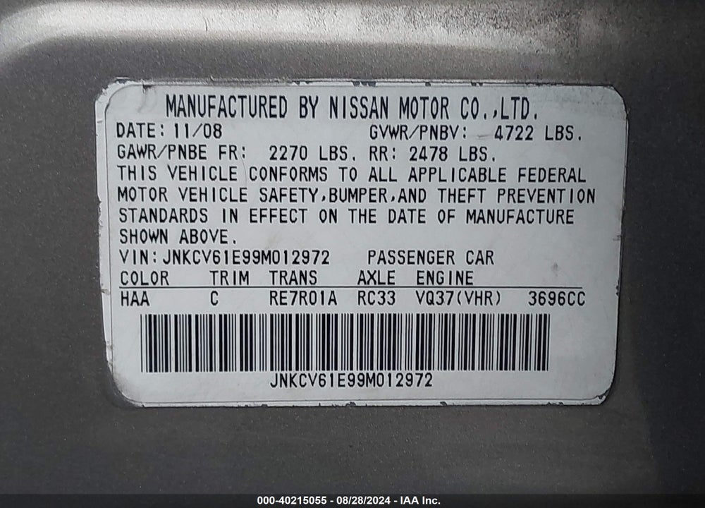 2009 INFINITI G37 JOURNEY VIN: JNKCV61E99M012972