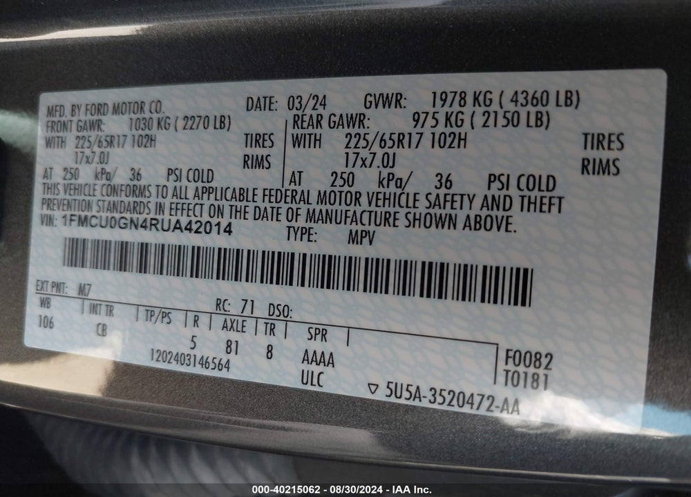 2024 FORD ESCAPE ACTIVE VIN: 1FMCU0GN4RUA42014