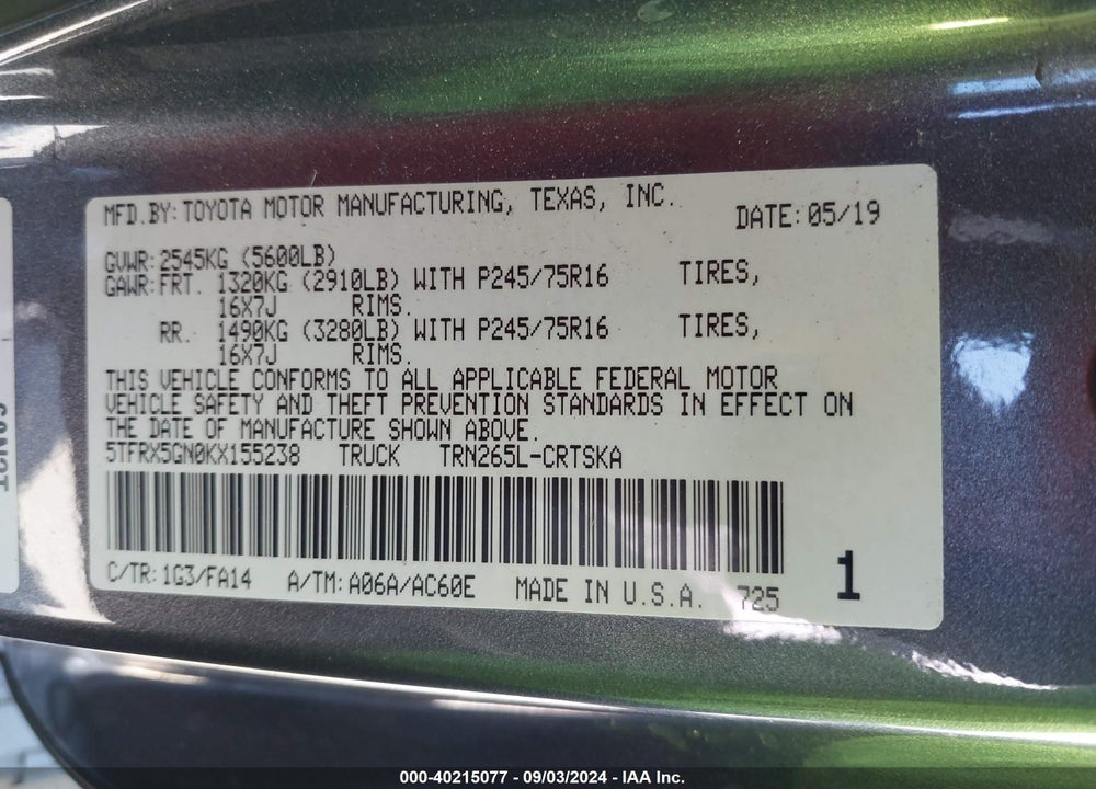 2019 TOYOTA TACOMA SR VIN: 5TFRX5GN0KX155238