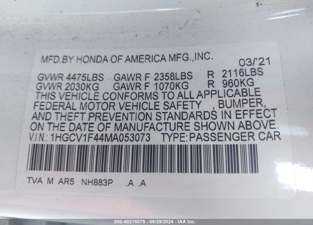 2021 HONDA ACCORD SPORT SPECIAL EDITION VIN: 1HGCV1F44MA053073