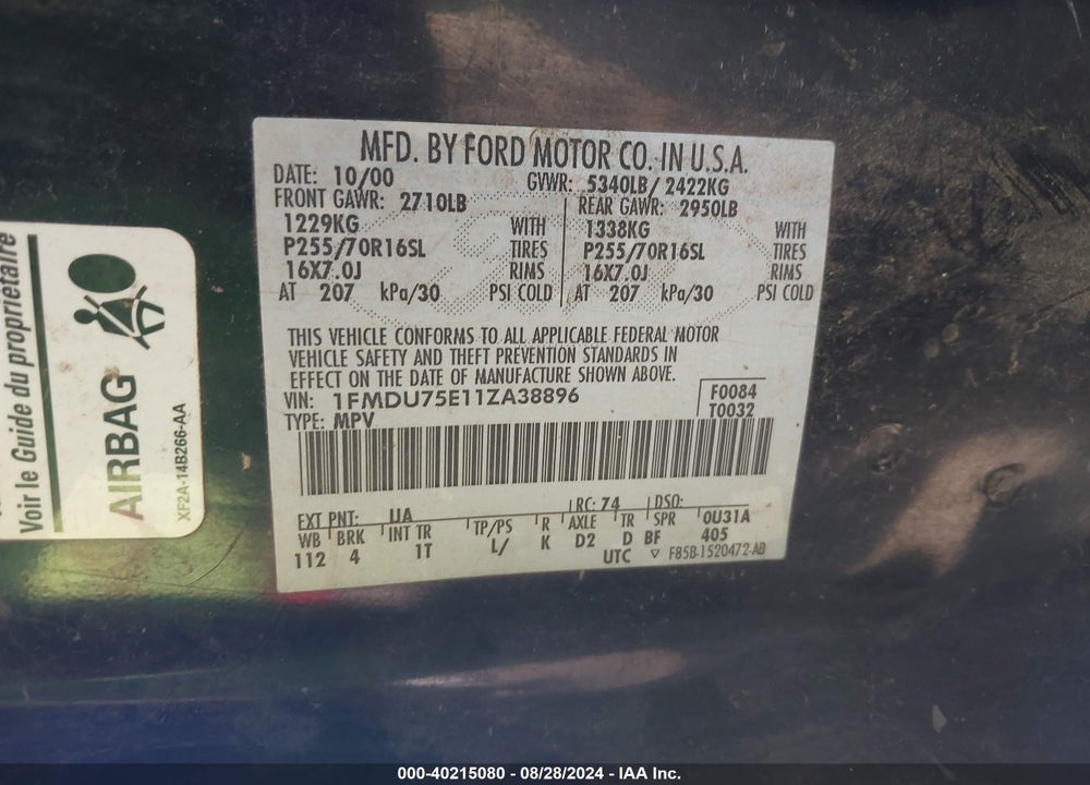 2001 FORD EXPLORER LIMITED VIN: 1FMDU75E11ZA38896