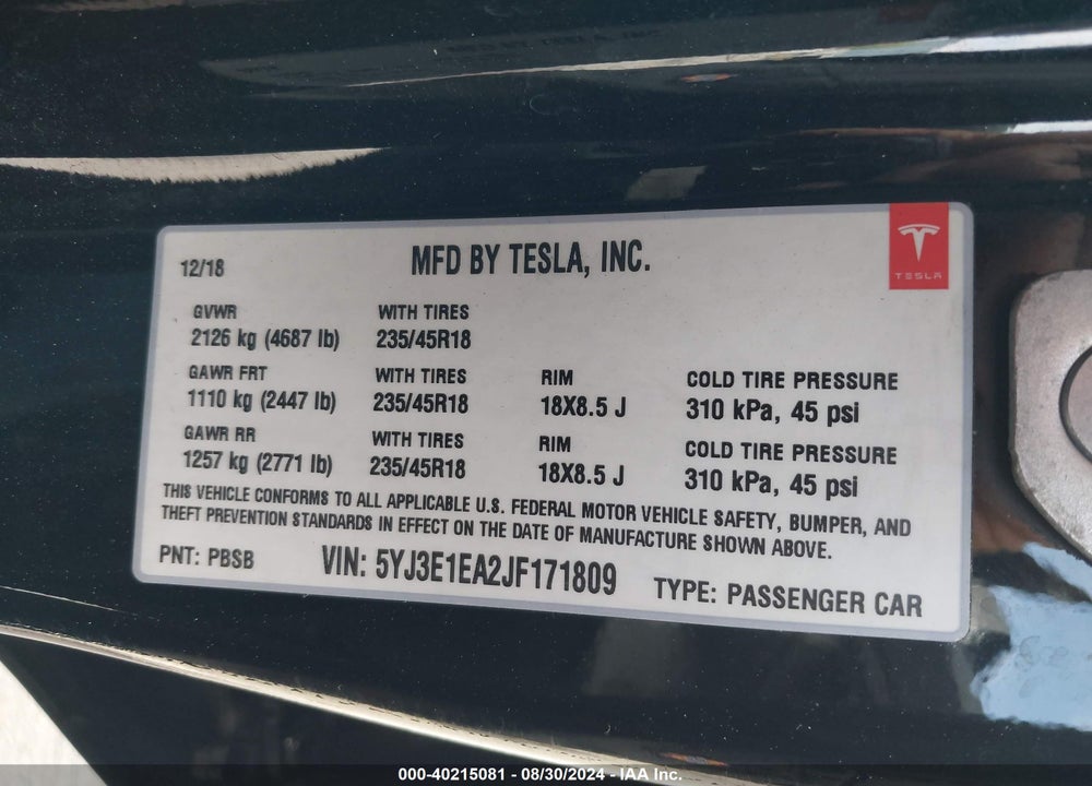 2018 TESLA MODEL 3 VIN: 5YJ3E1EA2JF171809