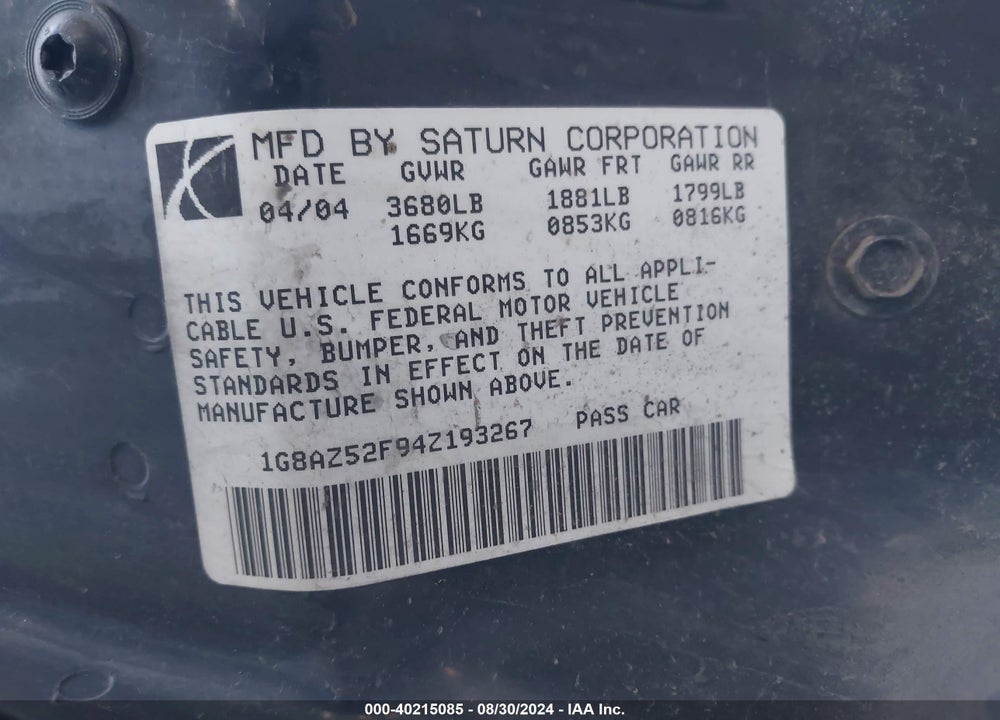 2004 SATURN ION 2 VIN: 1G8AZ52F94Z193267