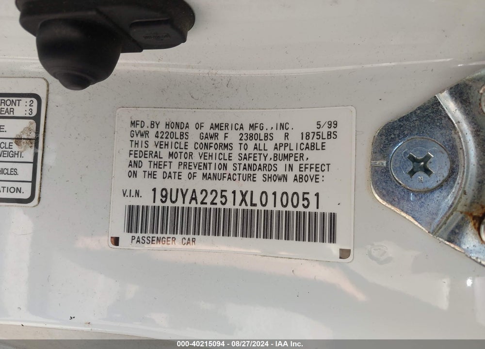 1999 ACURA CL VIN: 19UYA2251XL010051