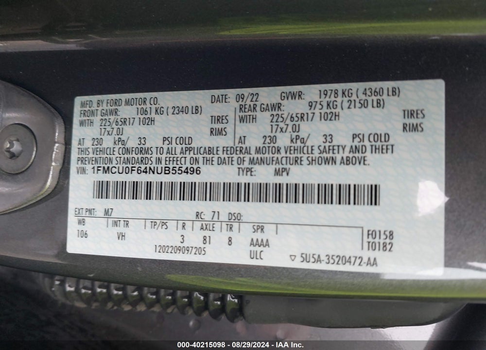 2022 FORD ESCAPE S VIN: 1FMCU0F64NUB55496