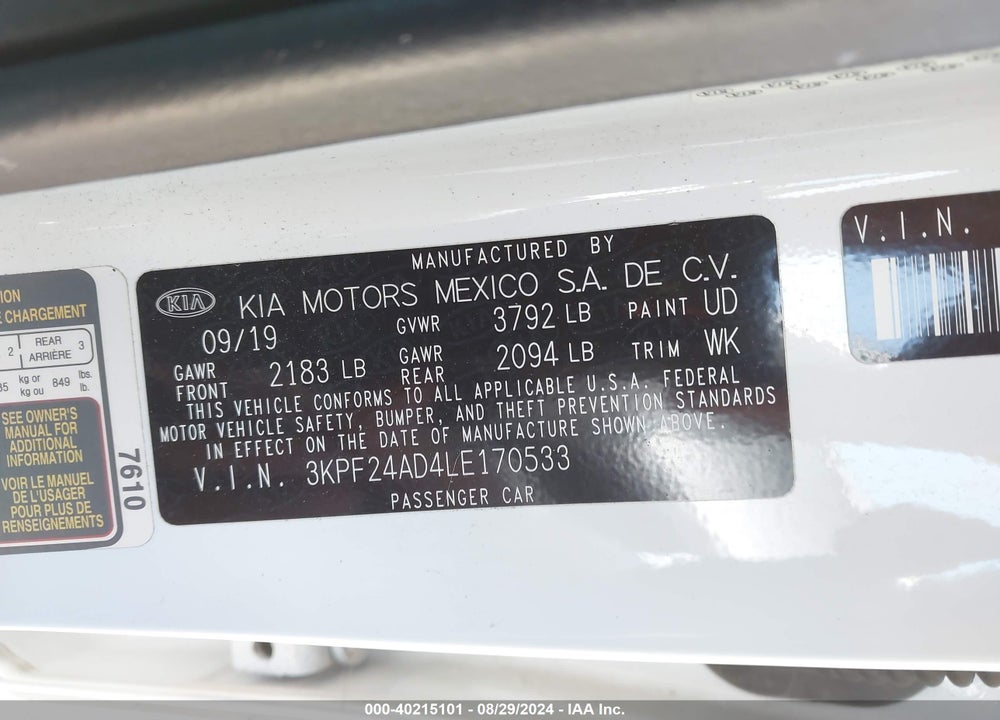 2020 KIA FORTE VIN: 3KPF24AD4LE170533