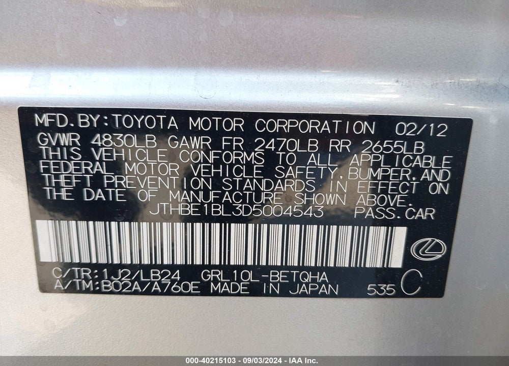 2013 LEXUS GS 350 VIN: JTHBE1BL3D5004543