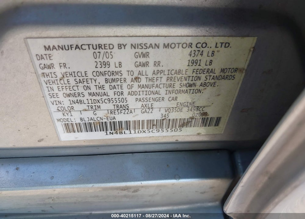 2005 NISSAN ALTIMA 3.5 SE VIN: 1N4BL11DX5C955505