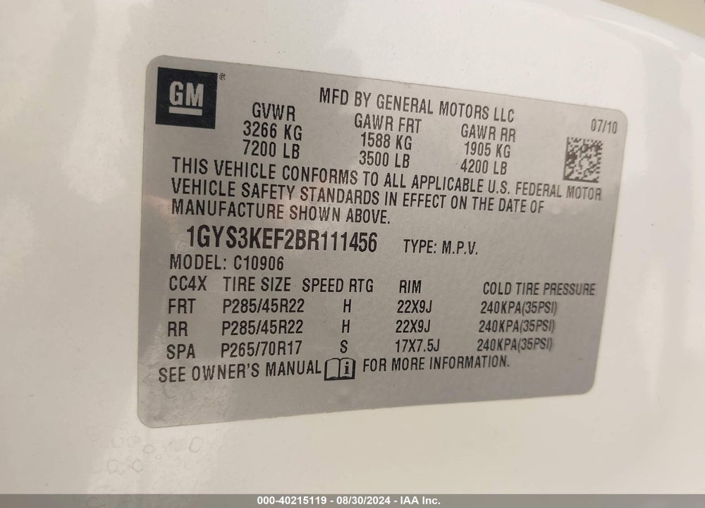2011 CADILLAC ESCALADE ESV PLATINUM EDITION VIN: 1GYS3KEF2BR111456
