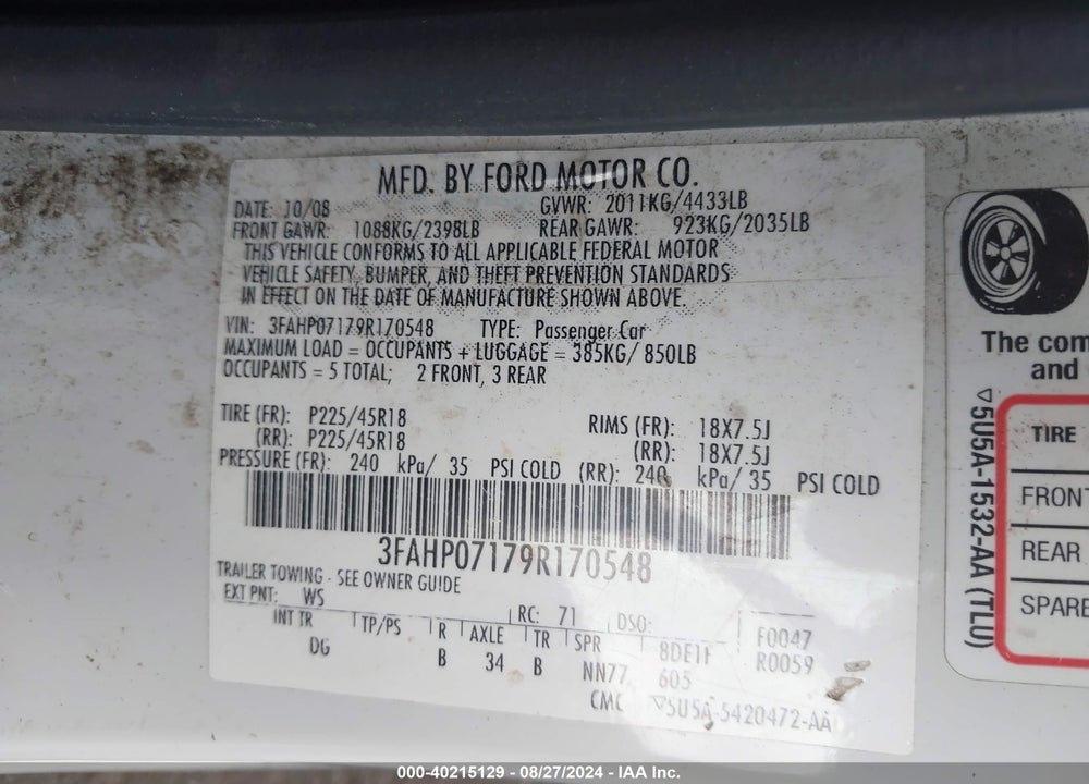 2009 FORD FUSION SE VIN: 3FAHP07179R170548