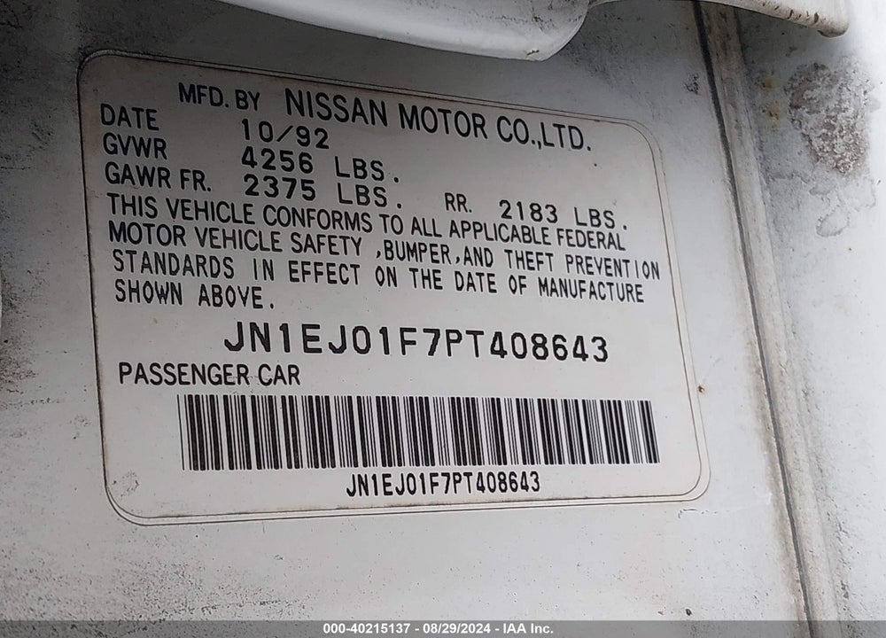 1993 NISSAN MAXIMA SE VIN: JN1EJ01F7PT408643