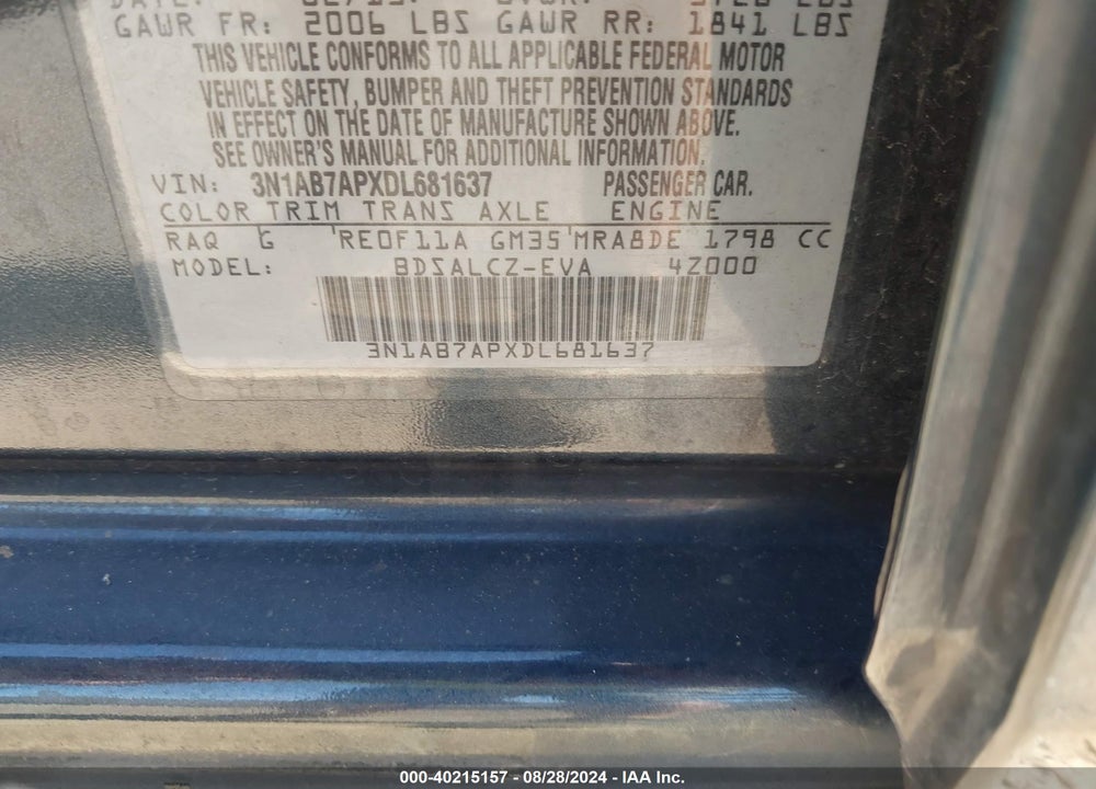 2013 NISSAN SENTRA S VIN: 3N1AB7APXDL681637