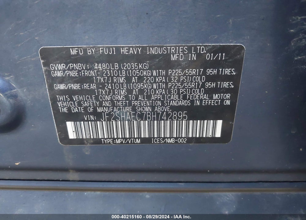 2011 SUBARU FORESTER 2.5X LIMITED VIN: JF2SHAEC7BH742895