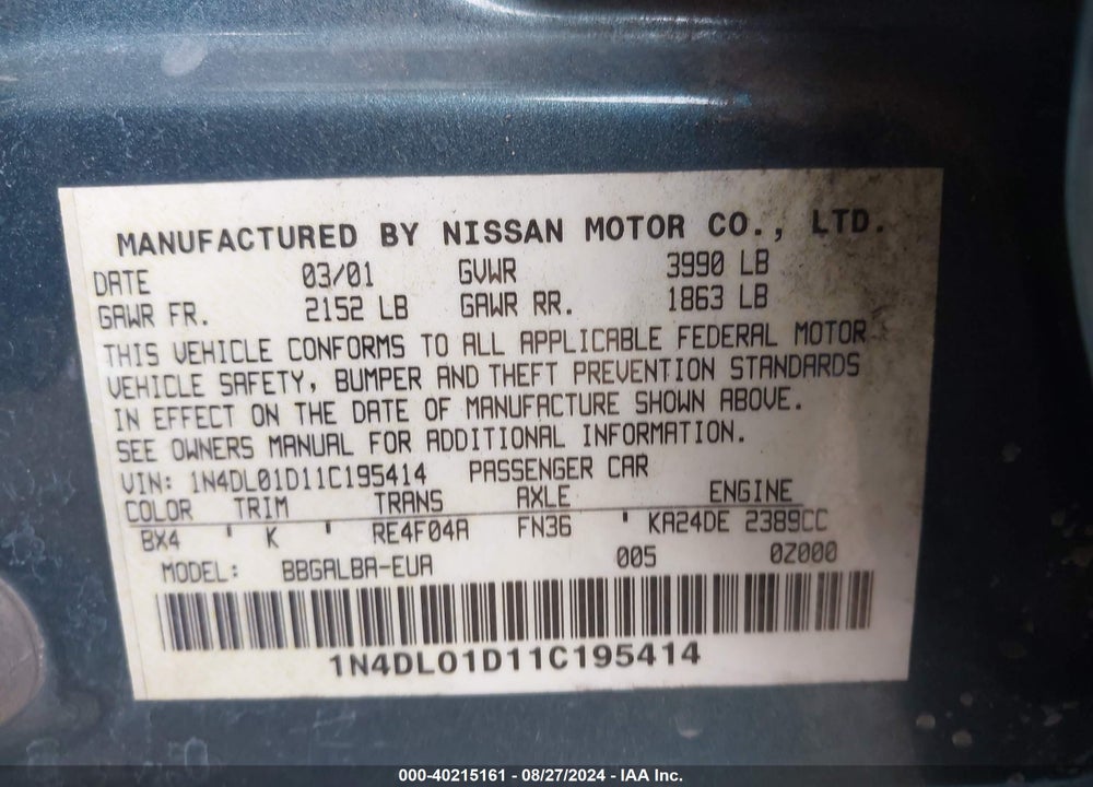 2001 NISSAN ALTIMA GXE VIN: 1N4DL01D11C195414