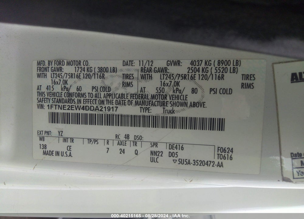 2013 FORD E-250 COMMERCIAL VIN: 1FTNE2EW4DDA21917