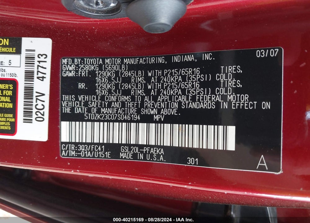 2007 TOYOTA SIENNA LE VIN: 5TDZK23C07S046194