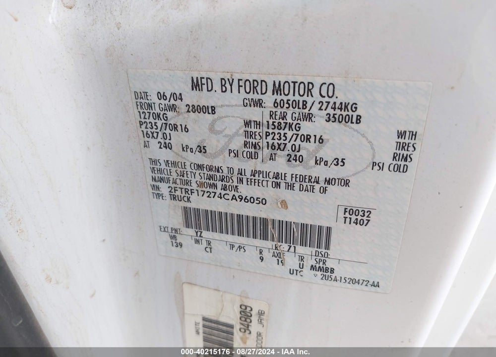 2004 FORD F-150 HERITAGE VIN: 2FTRF17274CA96050