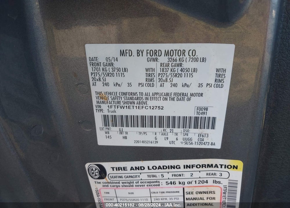 2014 FORD F-150 LARIAT VIN: 1FTFW1ET1EFC12752