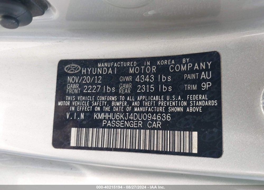 2013 HYUNDAI GENESIS 3.8 TRACK VIN: KMHHU6KJ4DU094636