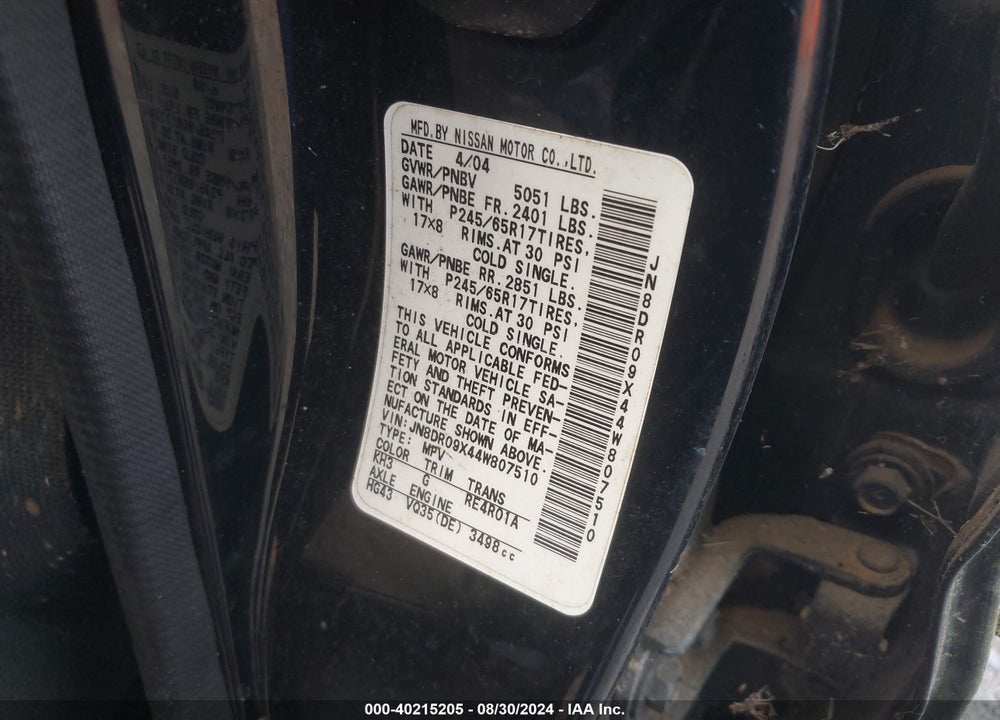 2004 NISSAN PATHFINDER LE PLATINUM VIN: JN8DR09X44W807510