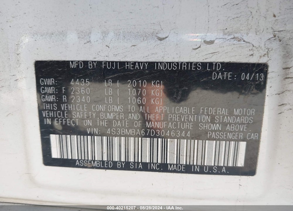 2013 SUBARU LEGACY 2.5I VIN: 4S3BMBA67D3046344