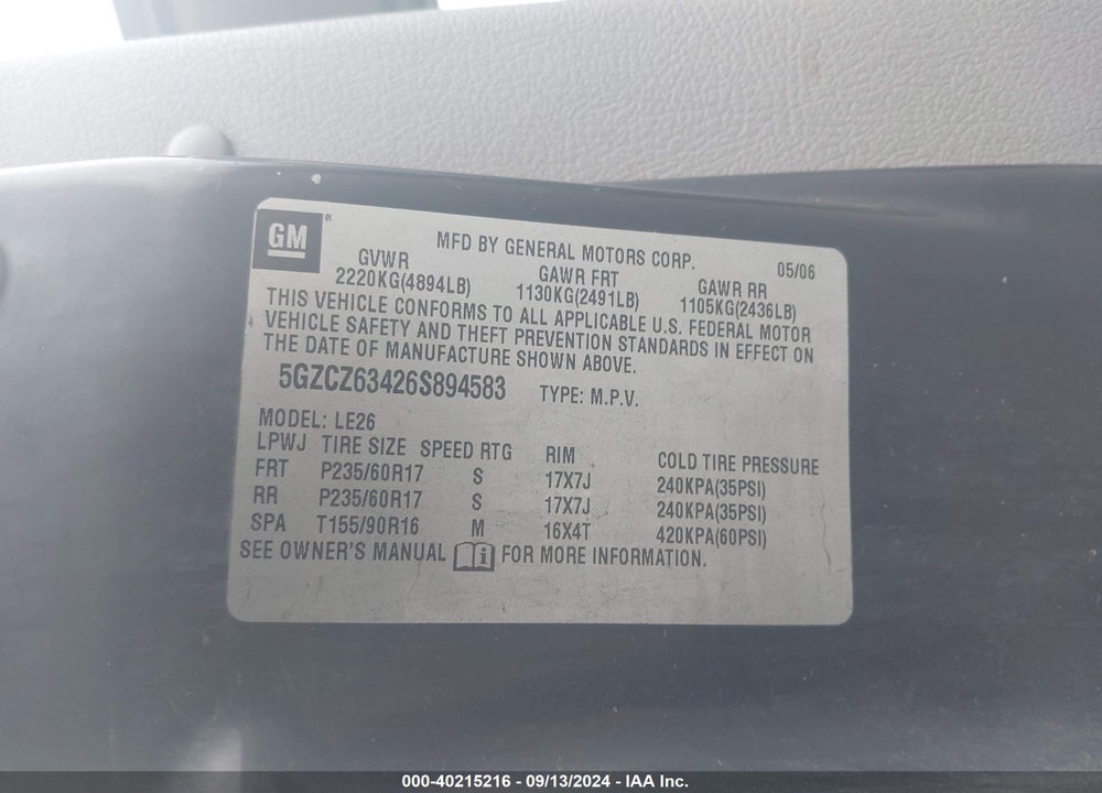 2006 SATURN VUE V6 VIN: 5GZCZ63426S894583