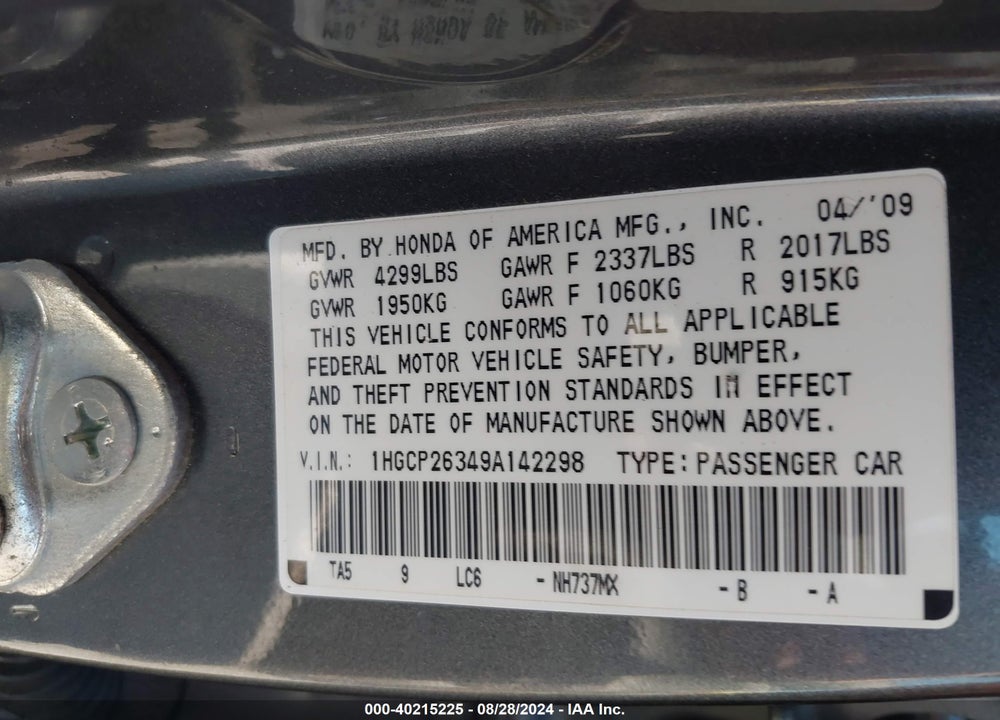 2009 HONDA ACCORD 2.4 LX VIN: 1HGCP26349A142298