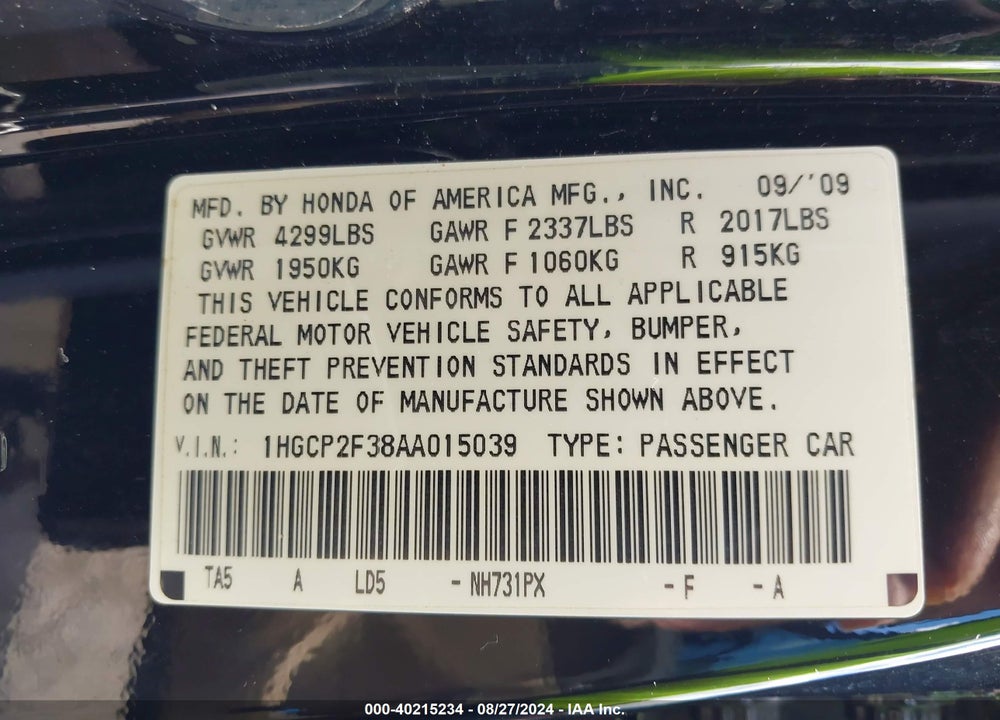 2010 HONDA ACCORD 2.4 LX VIN: 1HGCP2F38AA015039