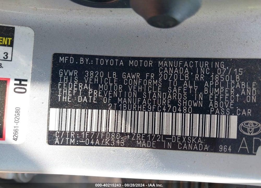 2015 TOYOTA COROLLA S PLUS VIN: 2T1BURHE9FC470480
