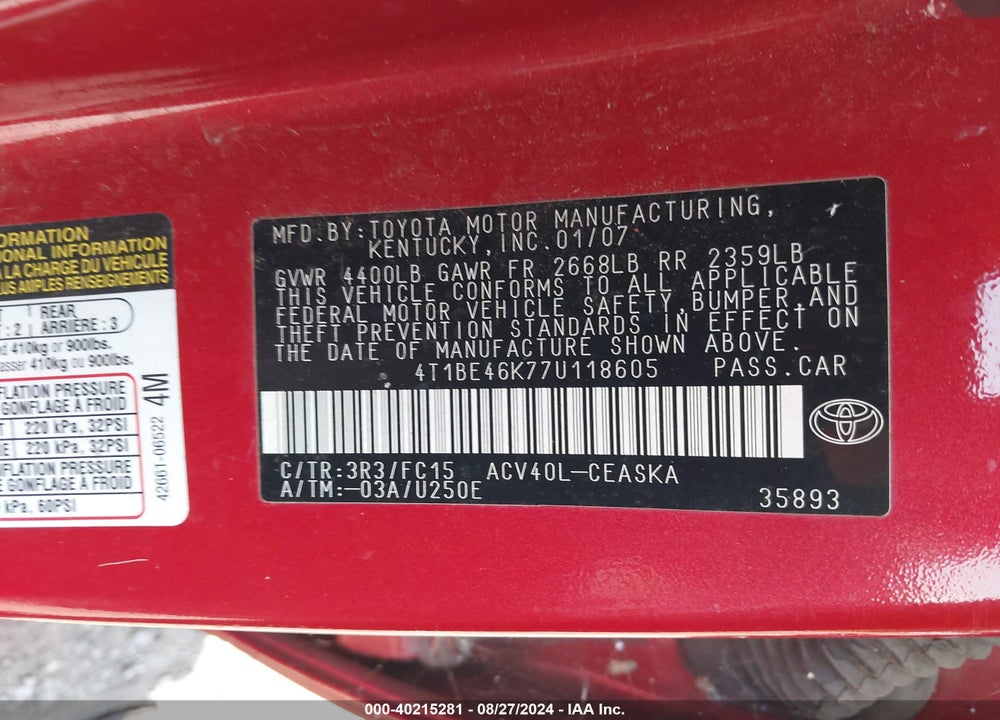 2007 TOYOTA CAMRY SE VIN: 4T1BE46K77U118605