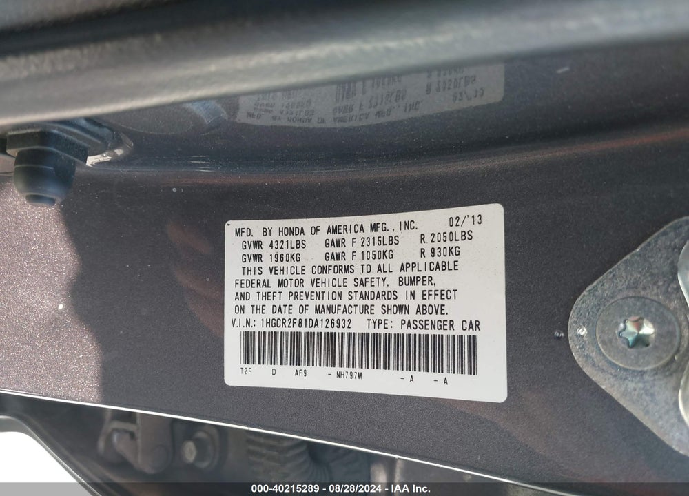 2013 HONDA ACCORD EX-L VIN: 1HGCR2F81DA126932