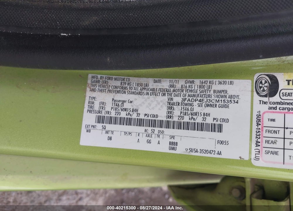 2012 FORD FIESTA SE VIN: 3FADP4EJ3CM153534